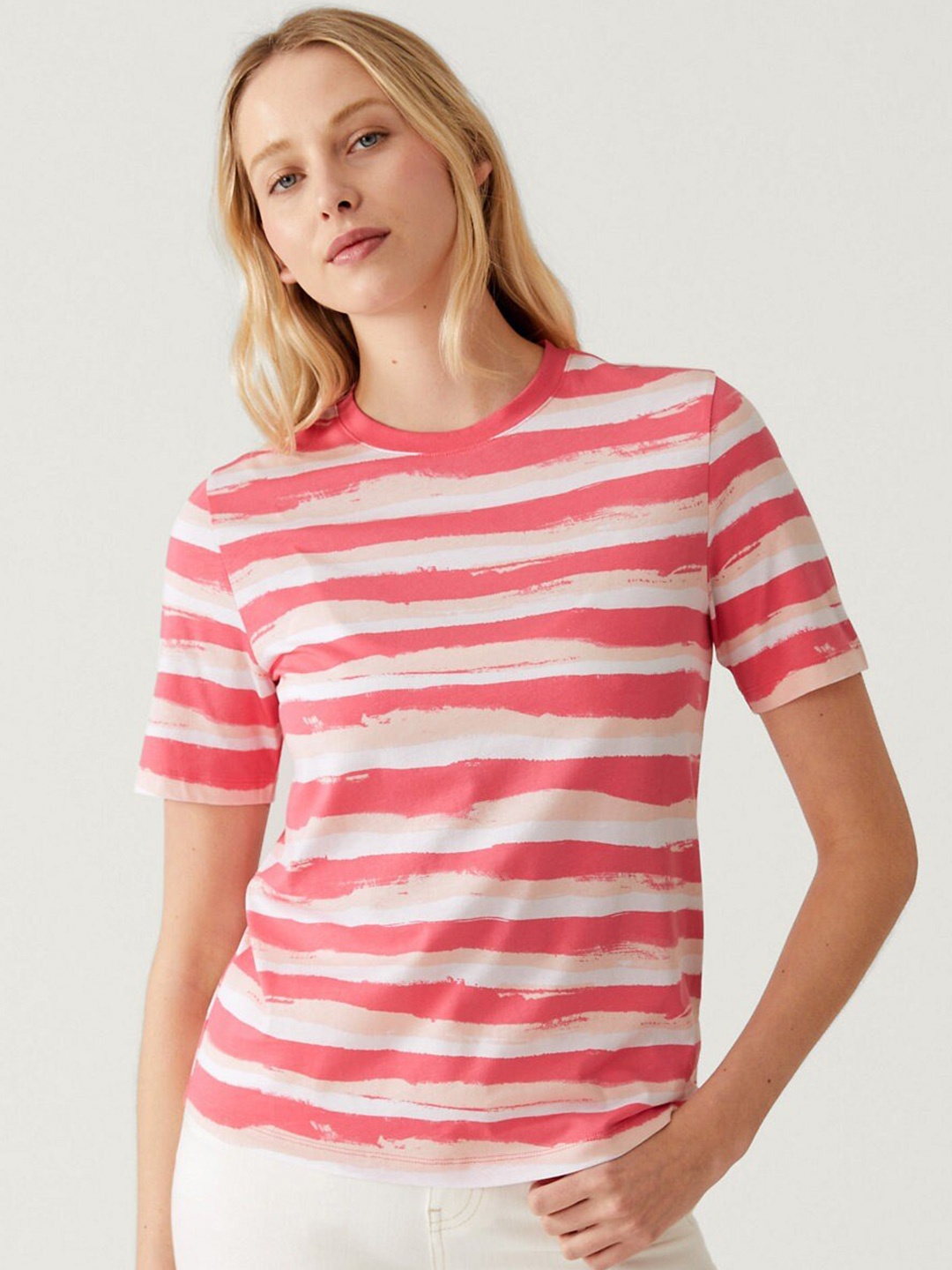 

Marks & Spencer Striped Pure Cotton T-shirt, Pink