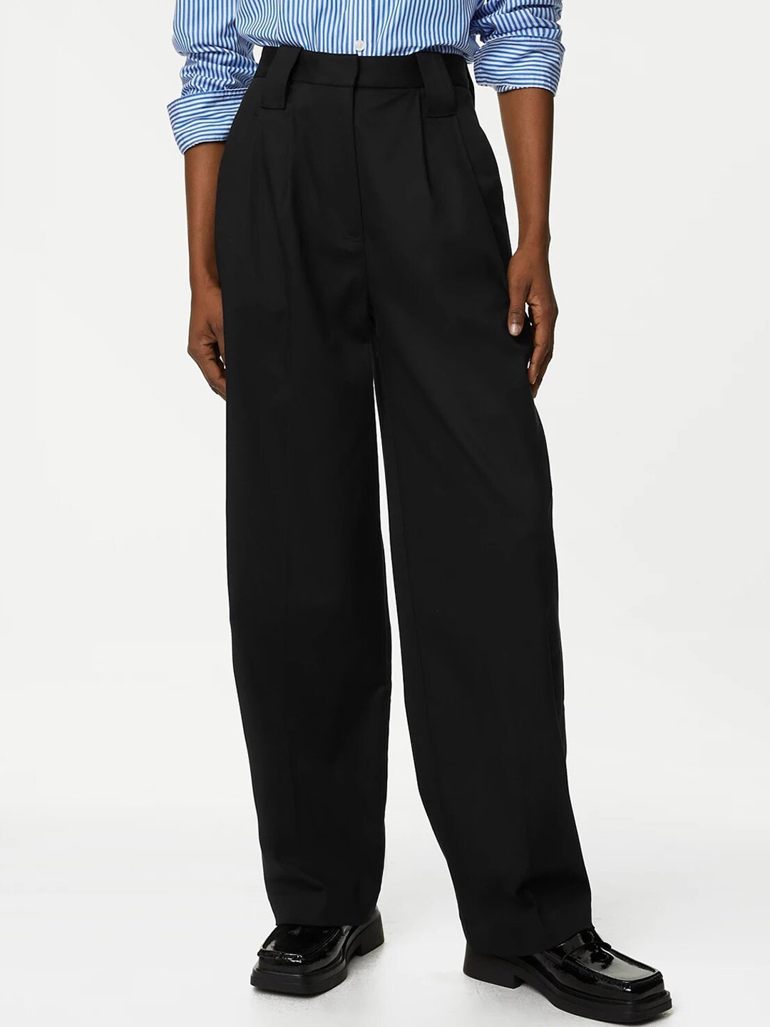 

Marks & Spencer Women Flared High-Rise Pleated Formal Trouser, Black