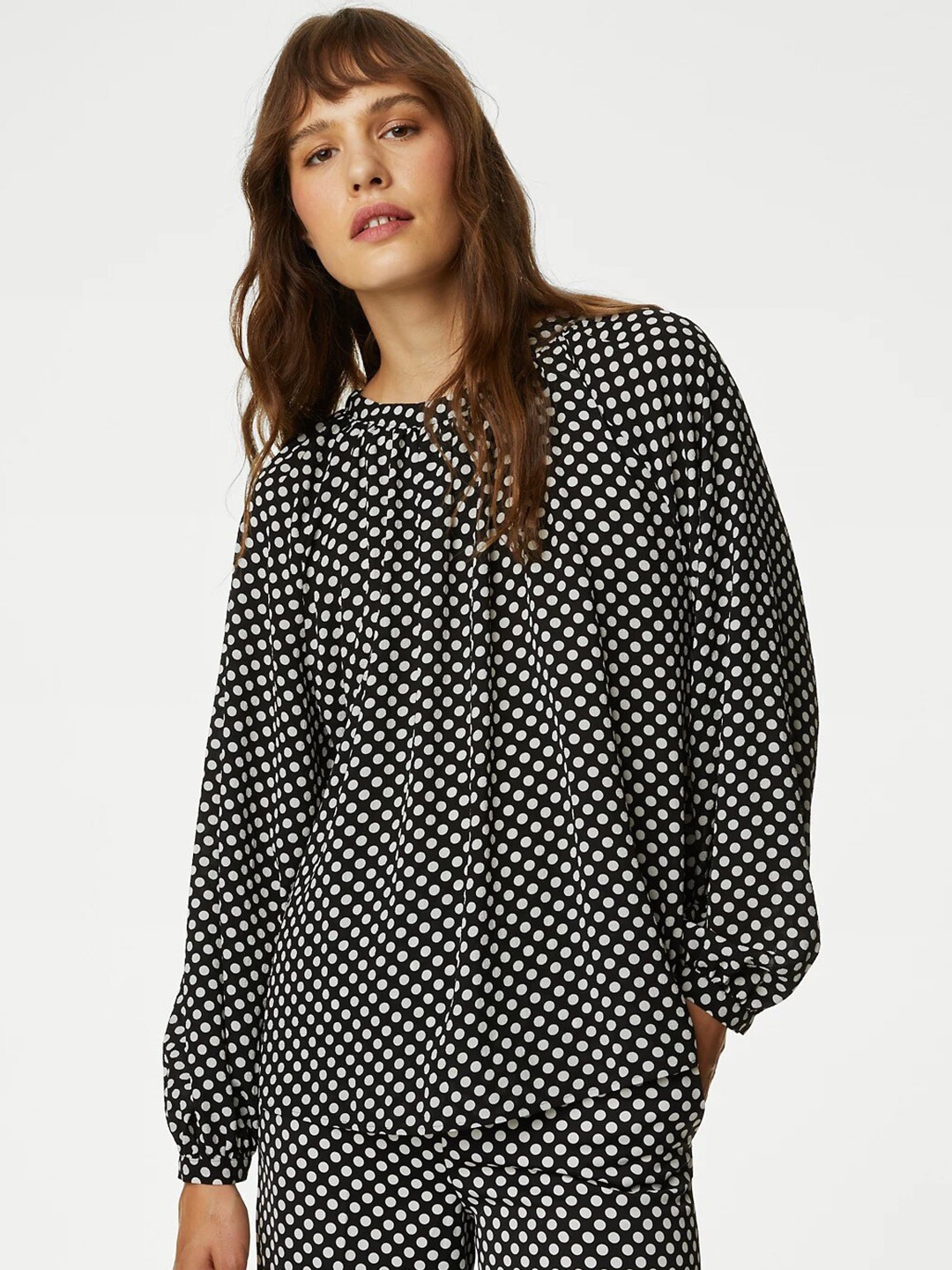 

Marks & Spencer Polka Dots Printed Gathered or Pleated Top, Black