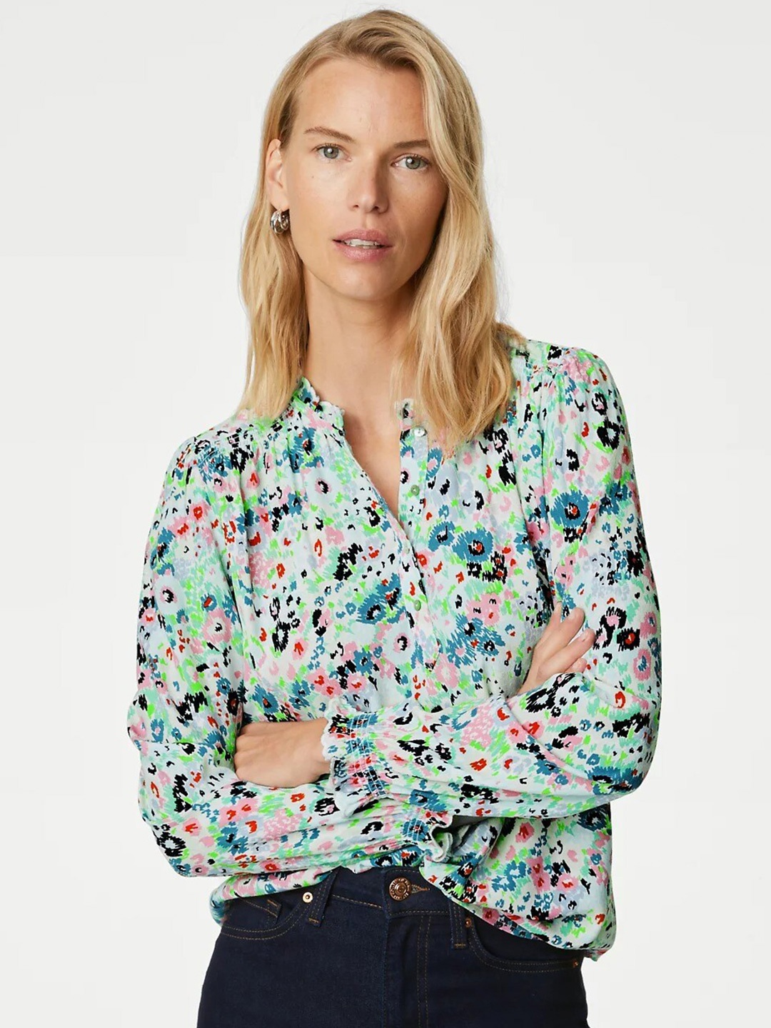 

Marks & Spencer Floral Printed Puff Sleeves Ruffles Top, Blue