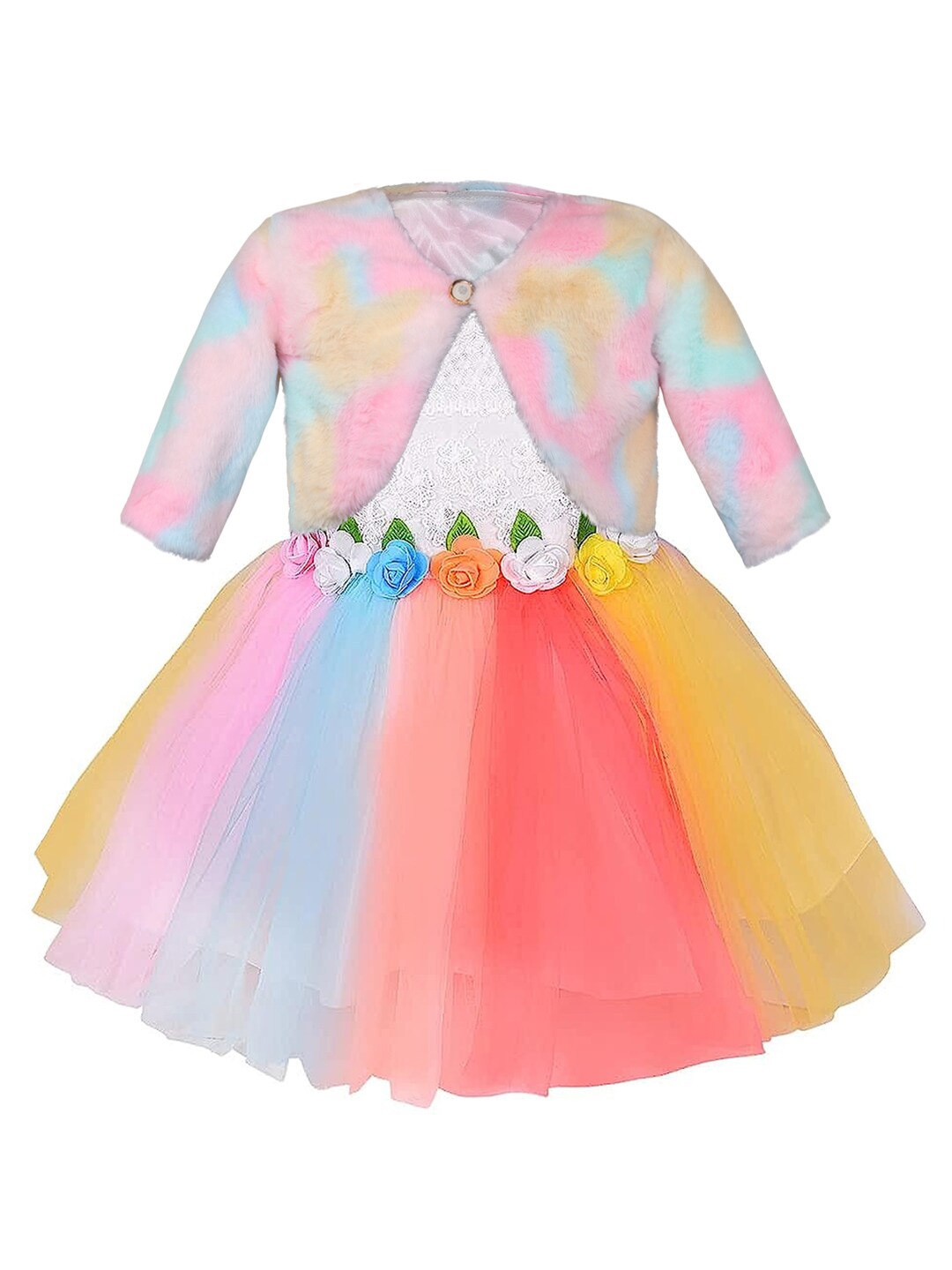 

Wish Karo Girls Colourblocked Net Fit & Flare Dress With Jacket, Pink