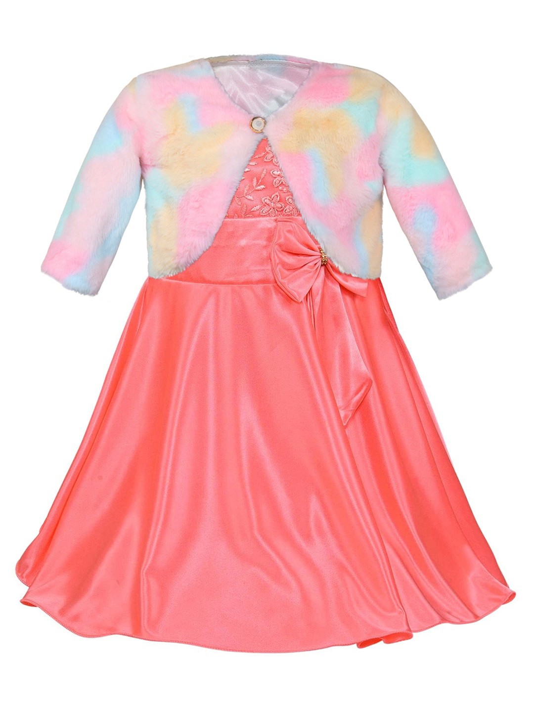 

Wish Karo Girls Floral Embroidered Satin Fit & Flare Dress With Jacket, Peach