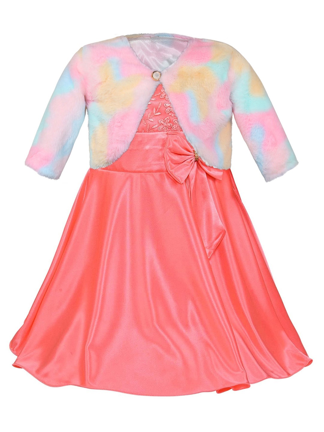 

Wish Karo Girls Floral Embroidered Satin Fit & Flare Dress With Jacket, Peach
