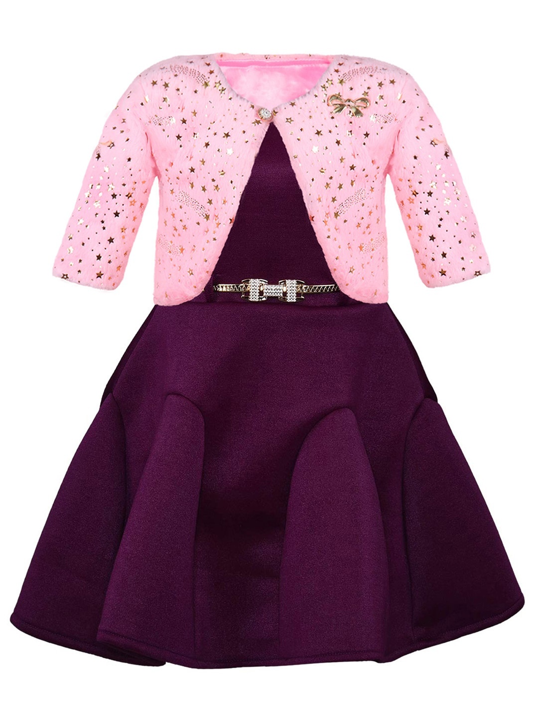 

Wish Karo Girls Round Neck Sleeveless Belted Silk Fit & Flare Dress With Jacket, Purple