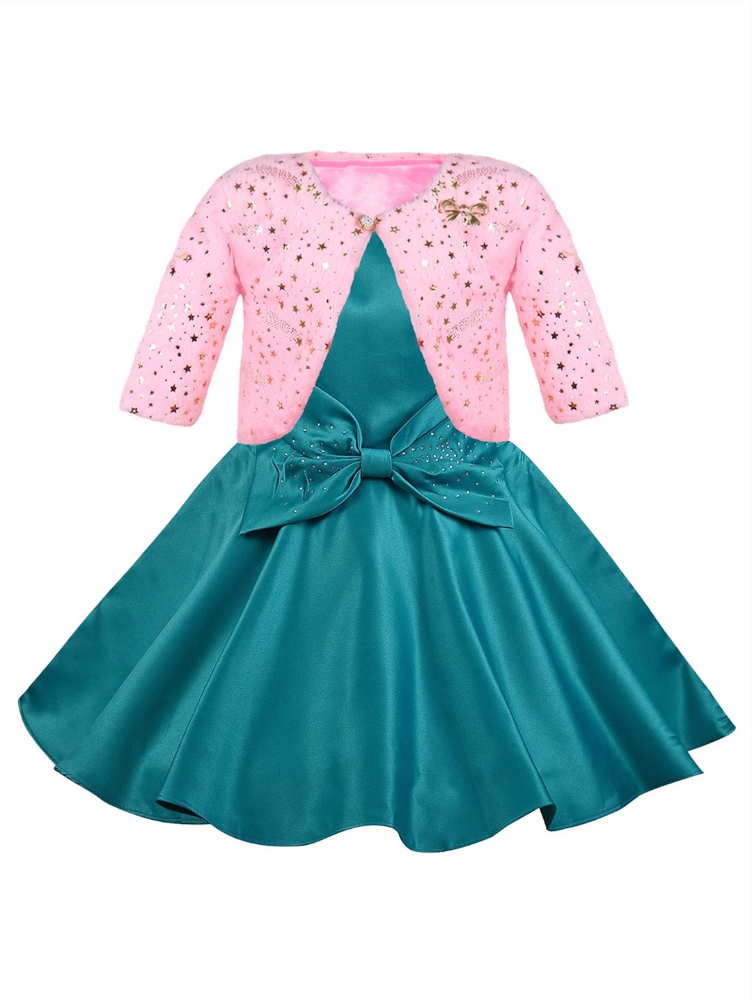 

Wish Karo Girls Round Neck Sleeveless Bow Silk Fit & Flare Dress With Jacket, Green