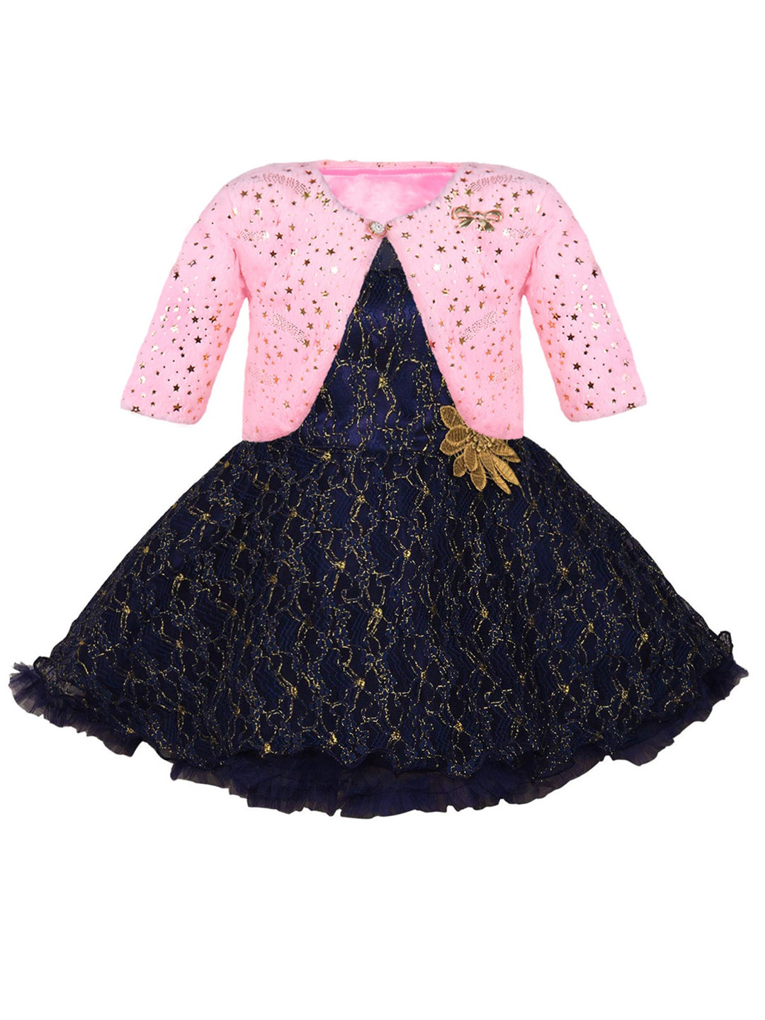 

Wish Karo Girls Self Design Net Fit & Flare Dress With Embellished Jacket, Navy blue