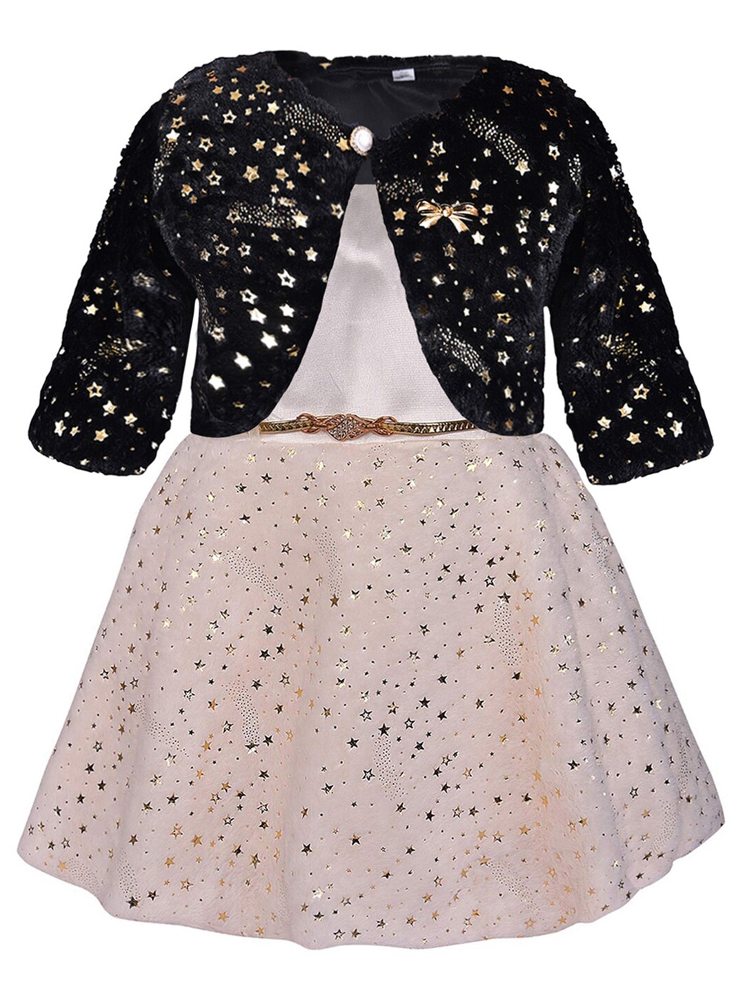 

Wish Karo Girls Embellished Round Neck Belted Silk Fit & Flare Dress With Jacket, White
