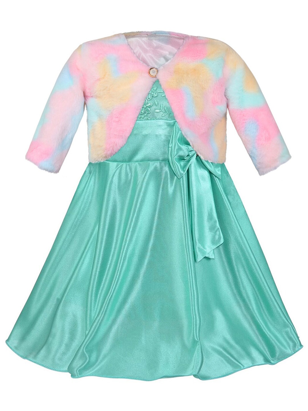 

Wish Karo Girls Round Neck Sleeveless Bow Silk Fit & Flare Dress With Jacket, Sea green