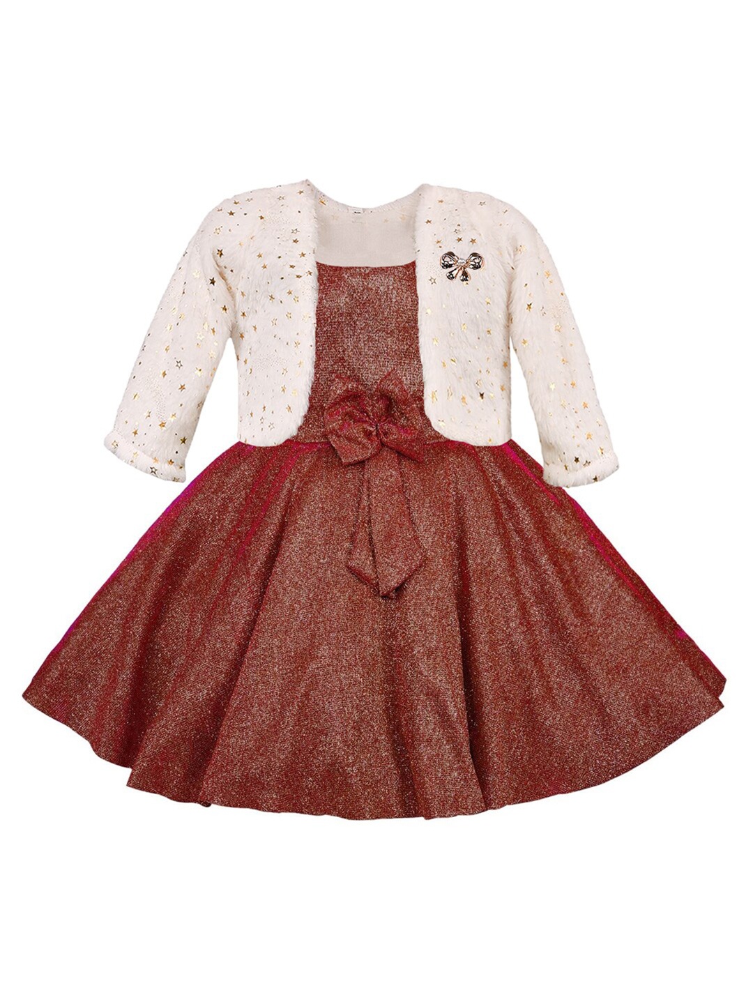 

Wish Karo Girls Self Design Satin Fit & Flare Dress With Embellished Jacket, Red