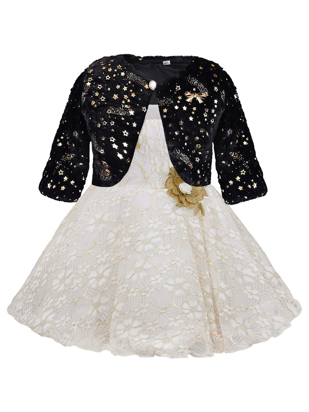 

Wish Karo Girls Self Design Round Neck Embellished Nylon Fit & Flare Dress With Jacket, White