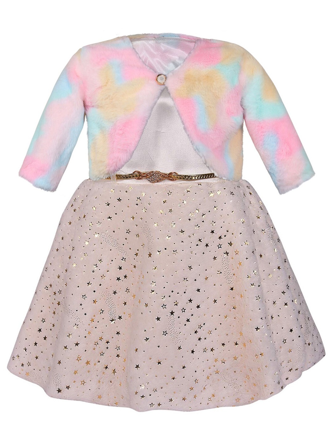 

Wish Karo Girls Embellished Round Neck Belted Silk Fit & Flare Dress With Jacket, White