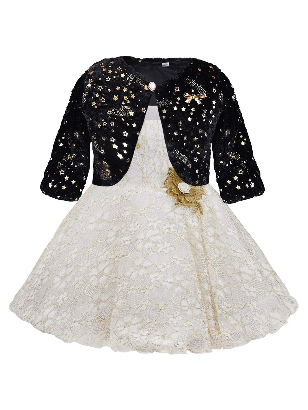

Wish Karo Girls Self Design Net Fit & Flare Dress With Embellished Jacket, White