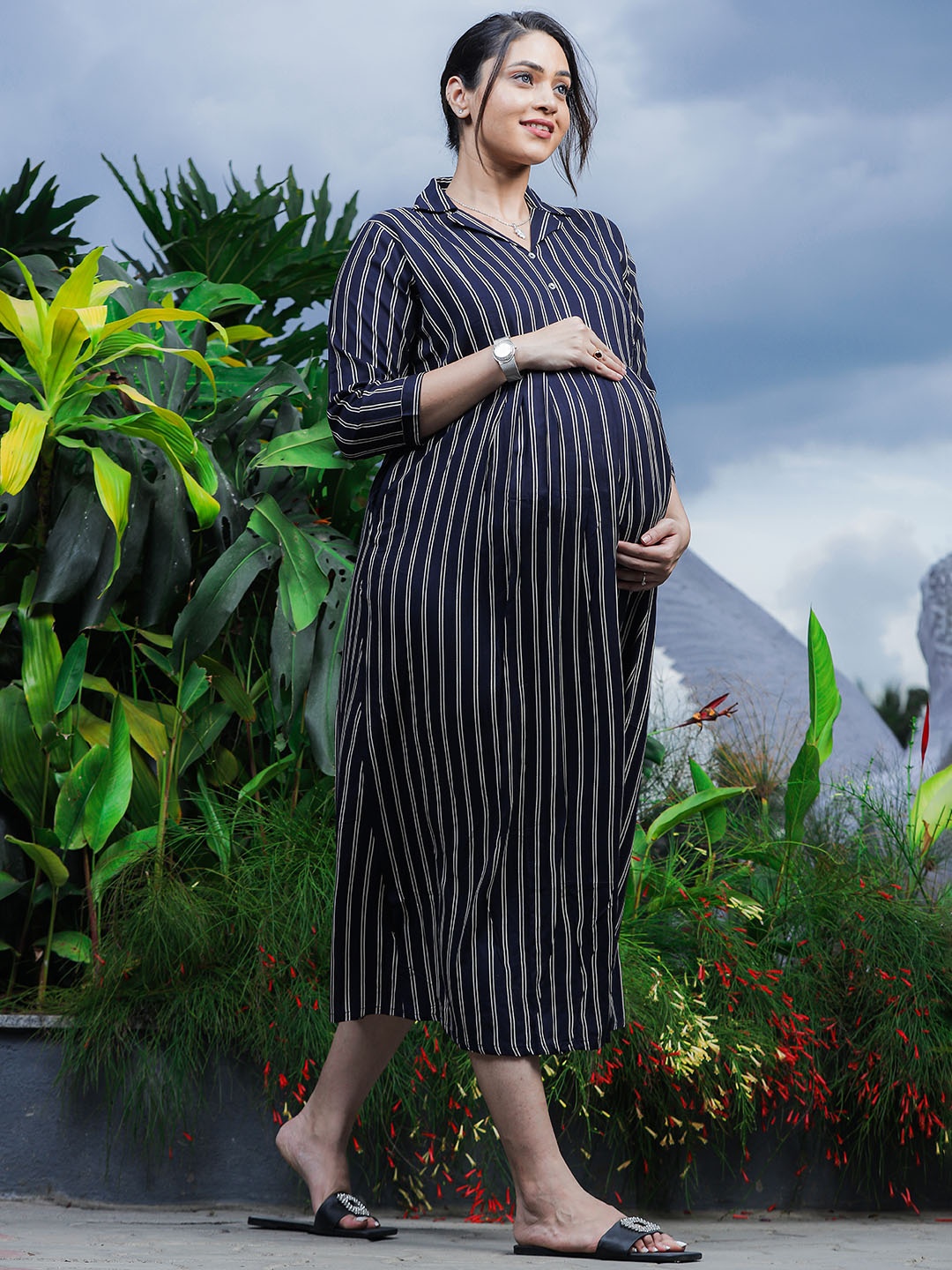 

9shines Label Striped Lapel Collar Maternity A-Line Midi Dress, White