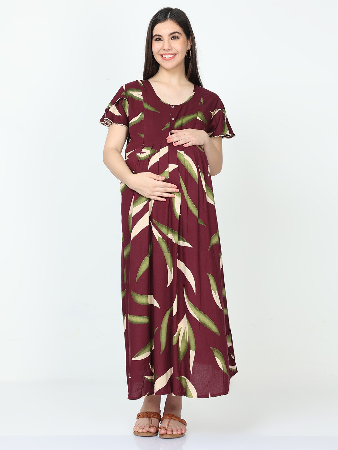 

9shines Label Abstract Printed Flared Sleeves Maternity Maxi Dress, Purple