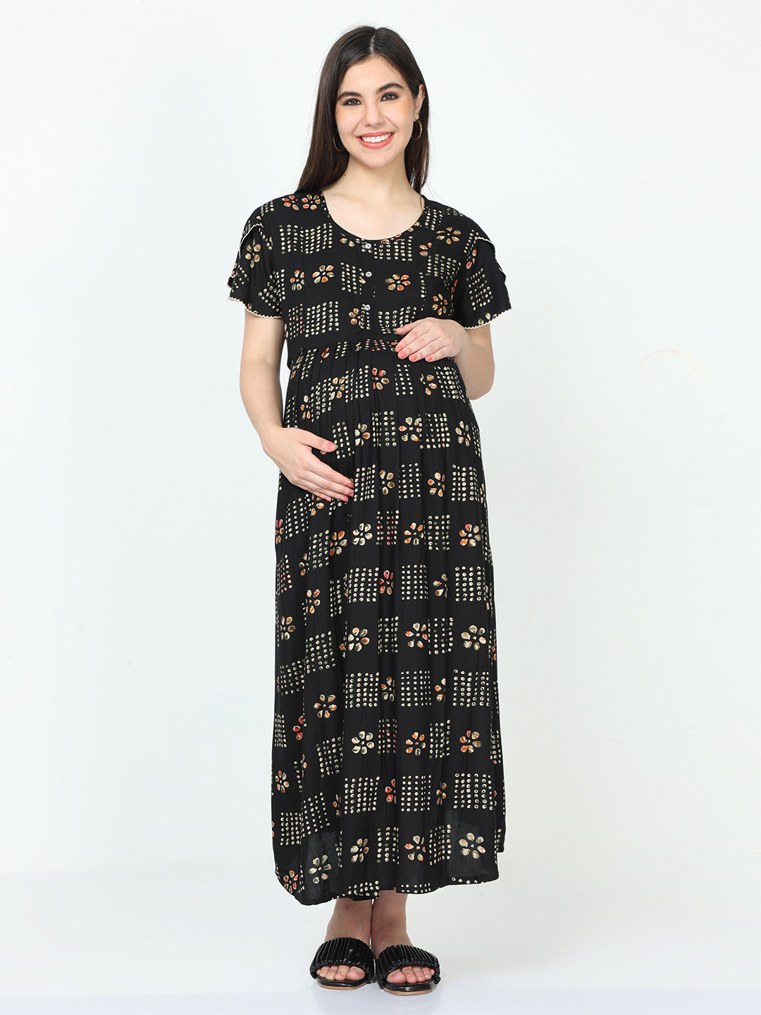 

9shines Label Ethnic Motifs Printed Flared Sleeves Maternity Maxi Dress, Black