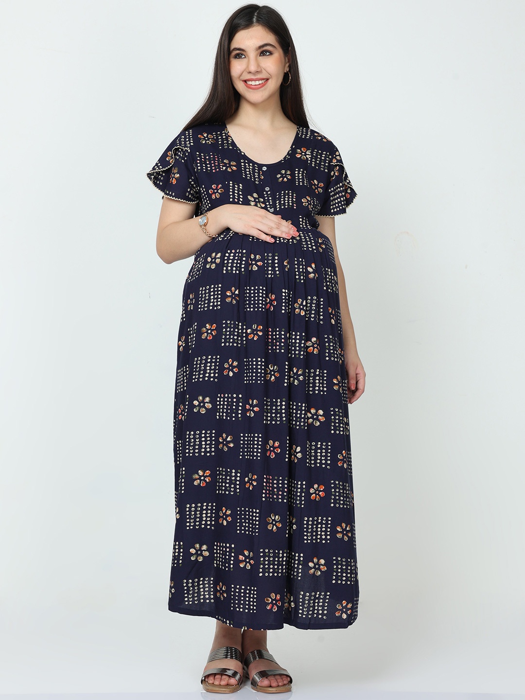 

9shines Label Printed Flared Sleeve Maternity A-line Maxi Dress, Navy blue