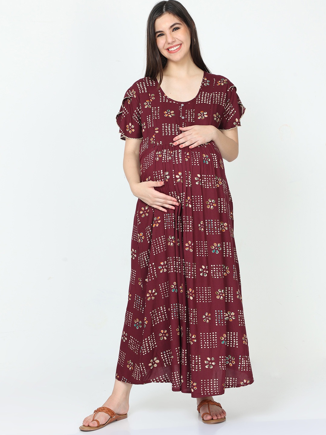 

9shines Label Maternity Ethnic Motifs Printed Ruffled Puff Sleeves Maxi Fit & Flare Dress, Maroon