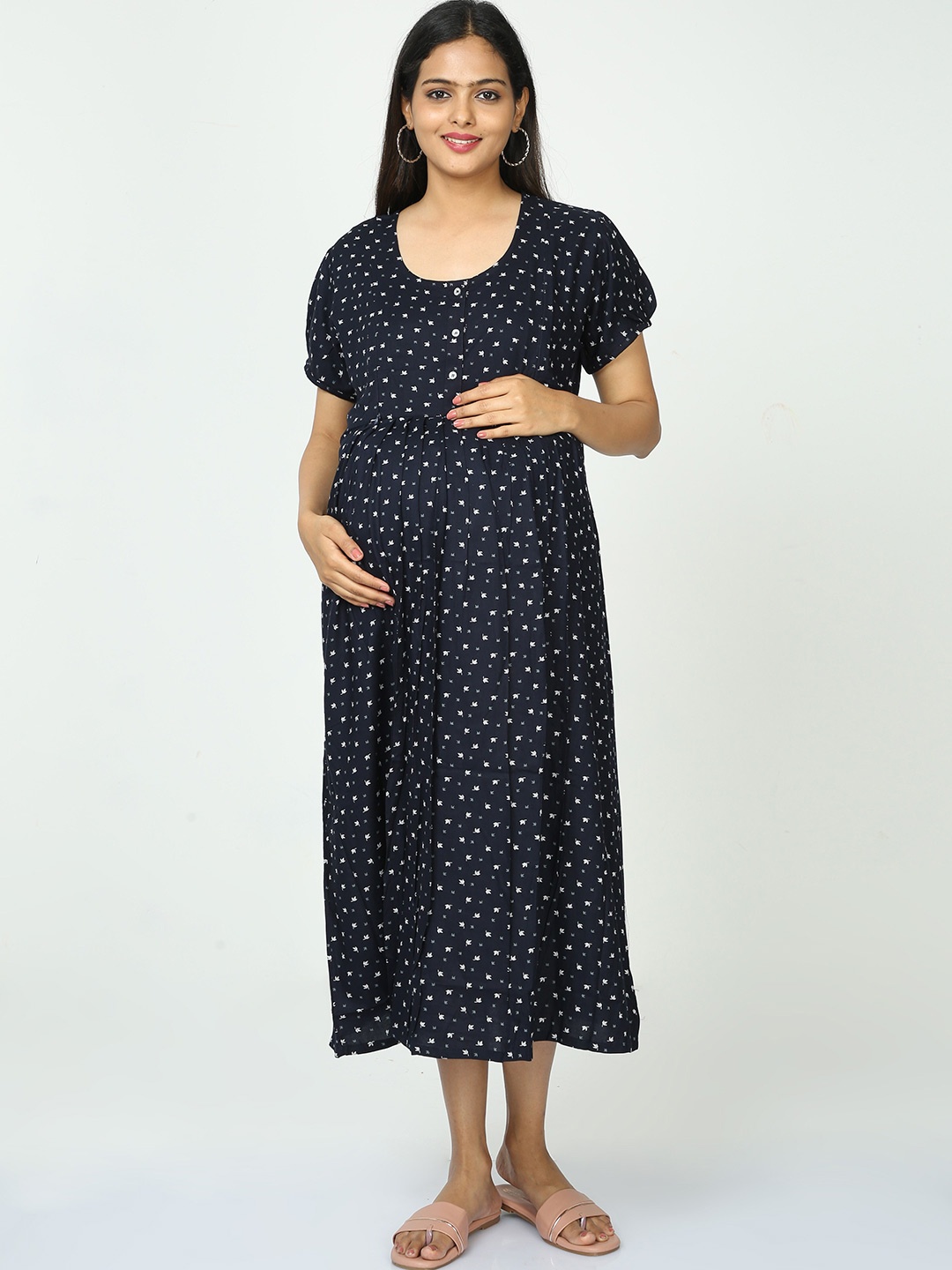 

9shines Label Printed Maternity A-line Midi Dress, Navy blue