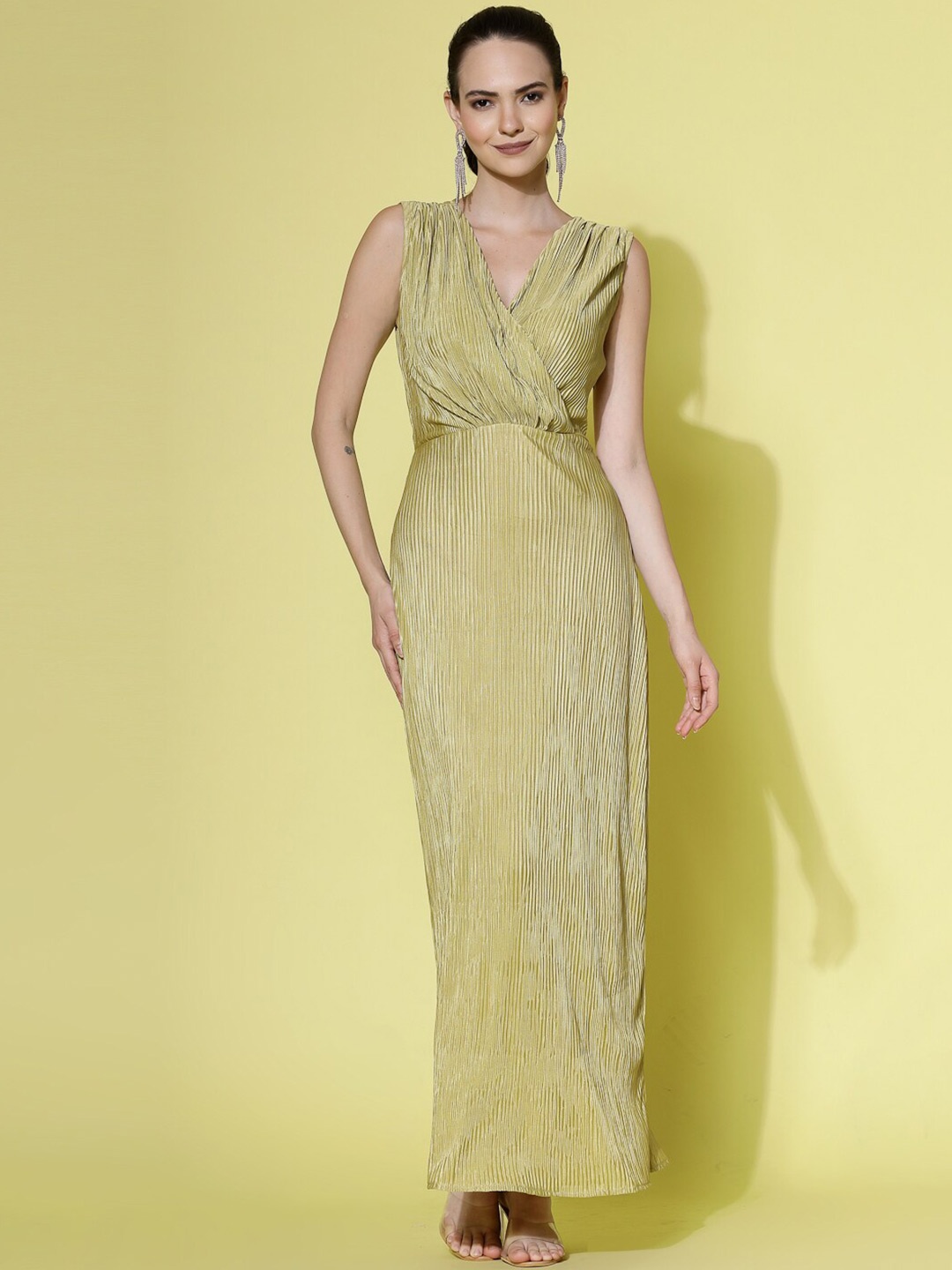 

Molly & Michel Accordion Pleated Sleeveless V-Neck Satin Maxi Dress, Green
