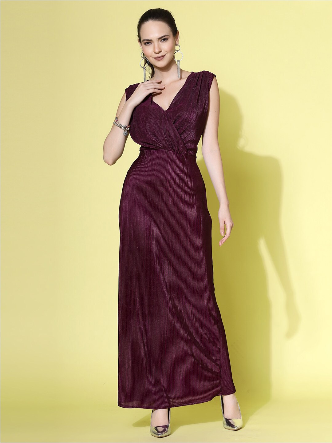 

Molly & Michel Accordion Pleated Sleeveless V-Neck Satin Maxi Dress, Burgundy