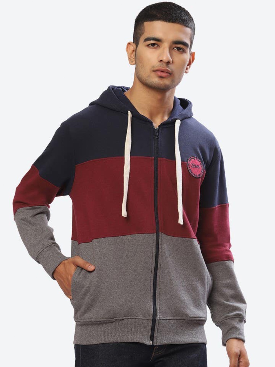

2Bme Colourblocked Hooded Cotton Front Open Sweatshirt, Navy blue