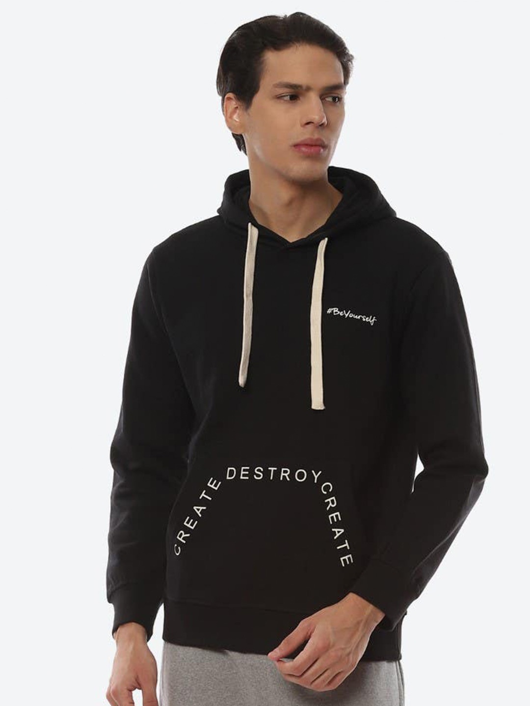 

2Bme Typography Printed Hooded Cotton Pullover Sweatshirt, Black