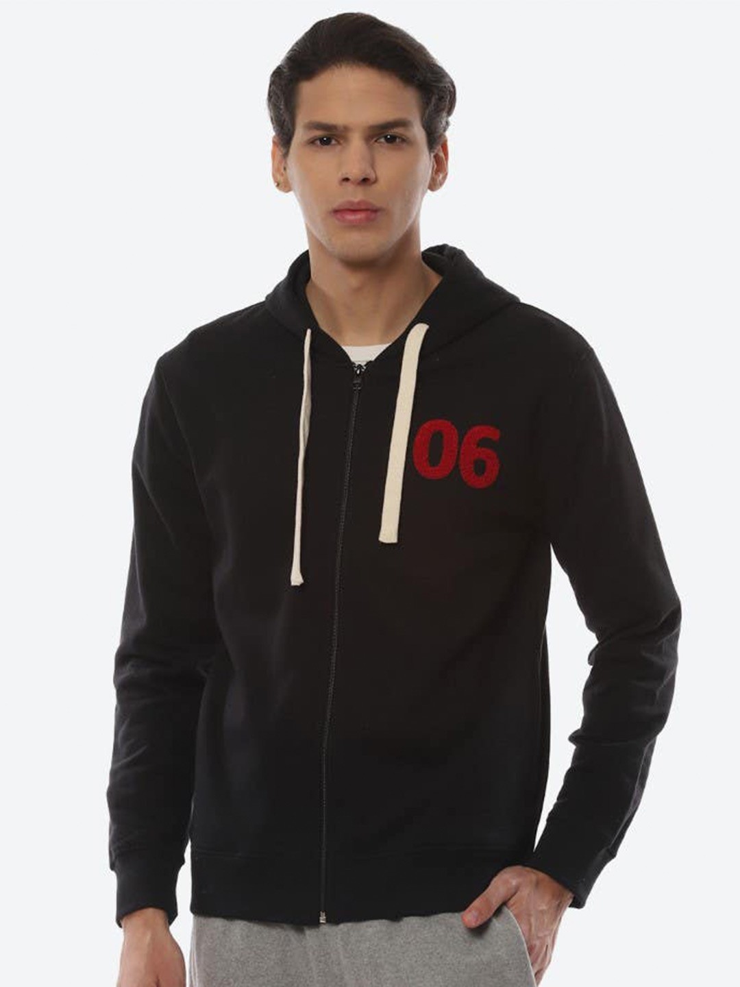

2Bme Hooded Cotton Front-Open Sweatshirt, Black
