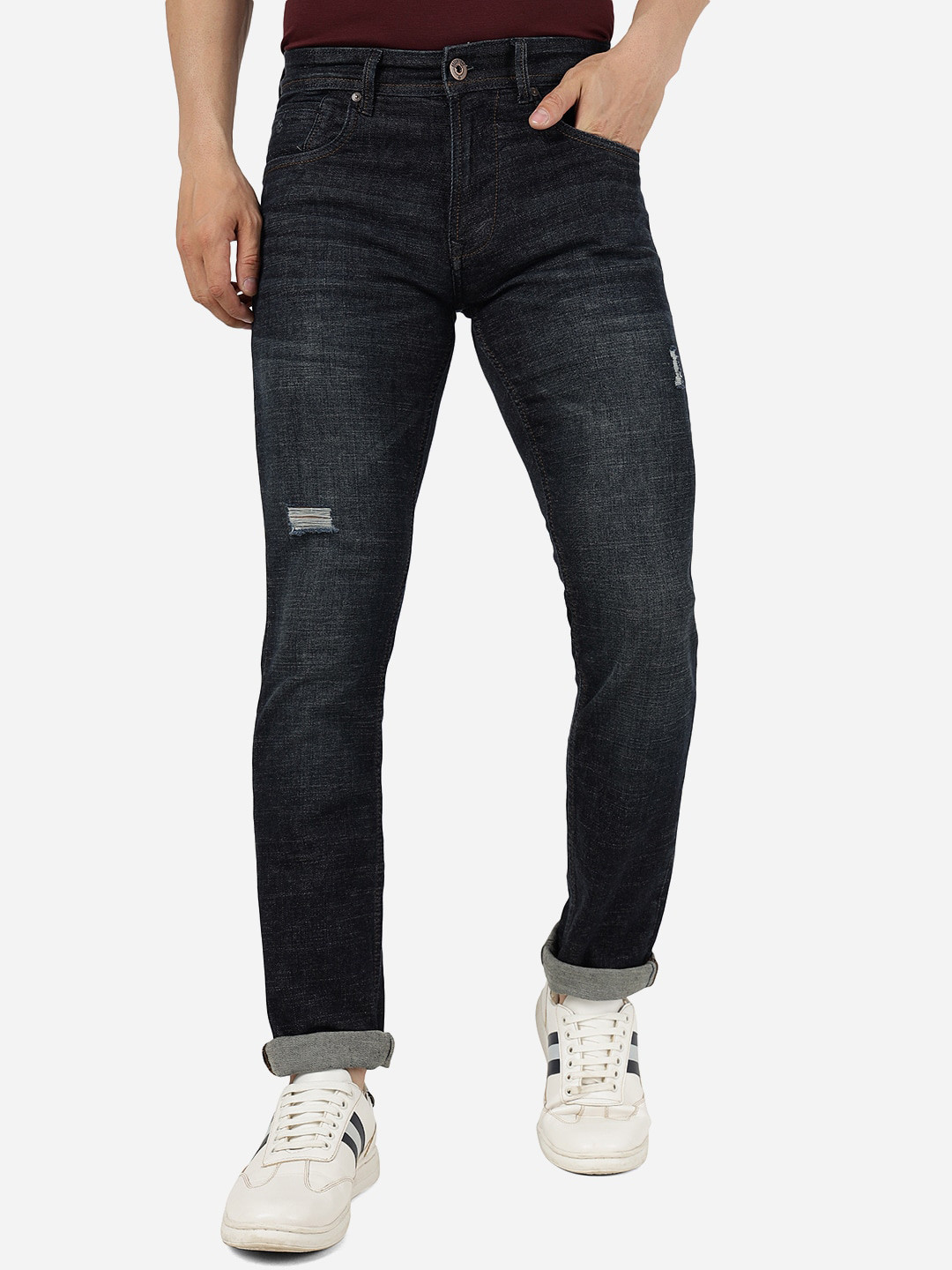 

Greenfibre Men Slim Fit Low Distress Light Fade Stretchable Jeans, Blue