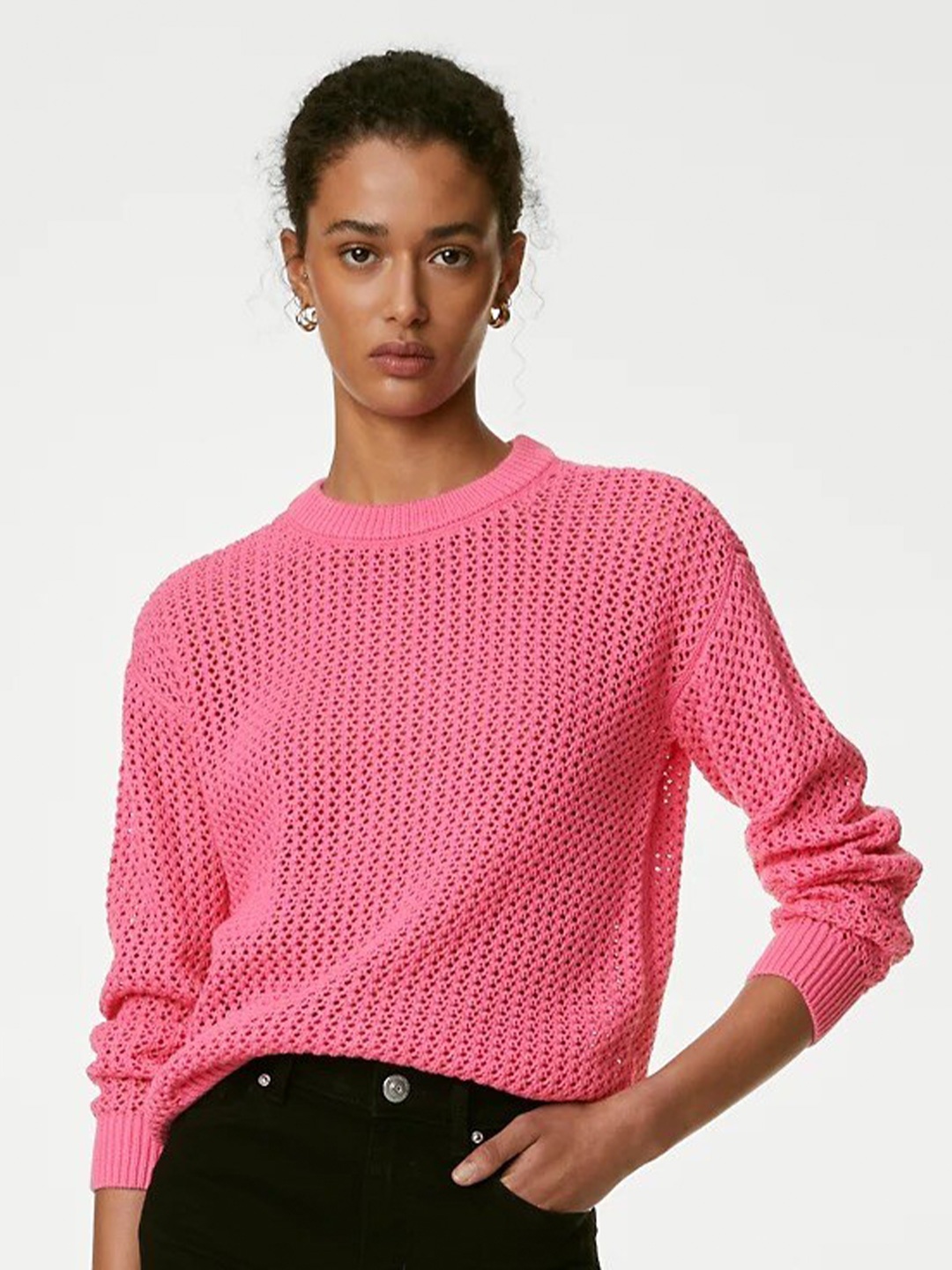 

Marks & Spencer Self Design Open Knit Pure Cotton Pullover, Pink