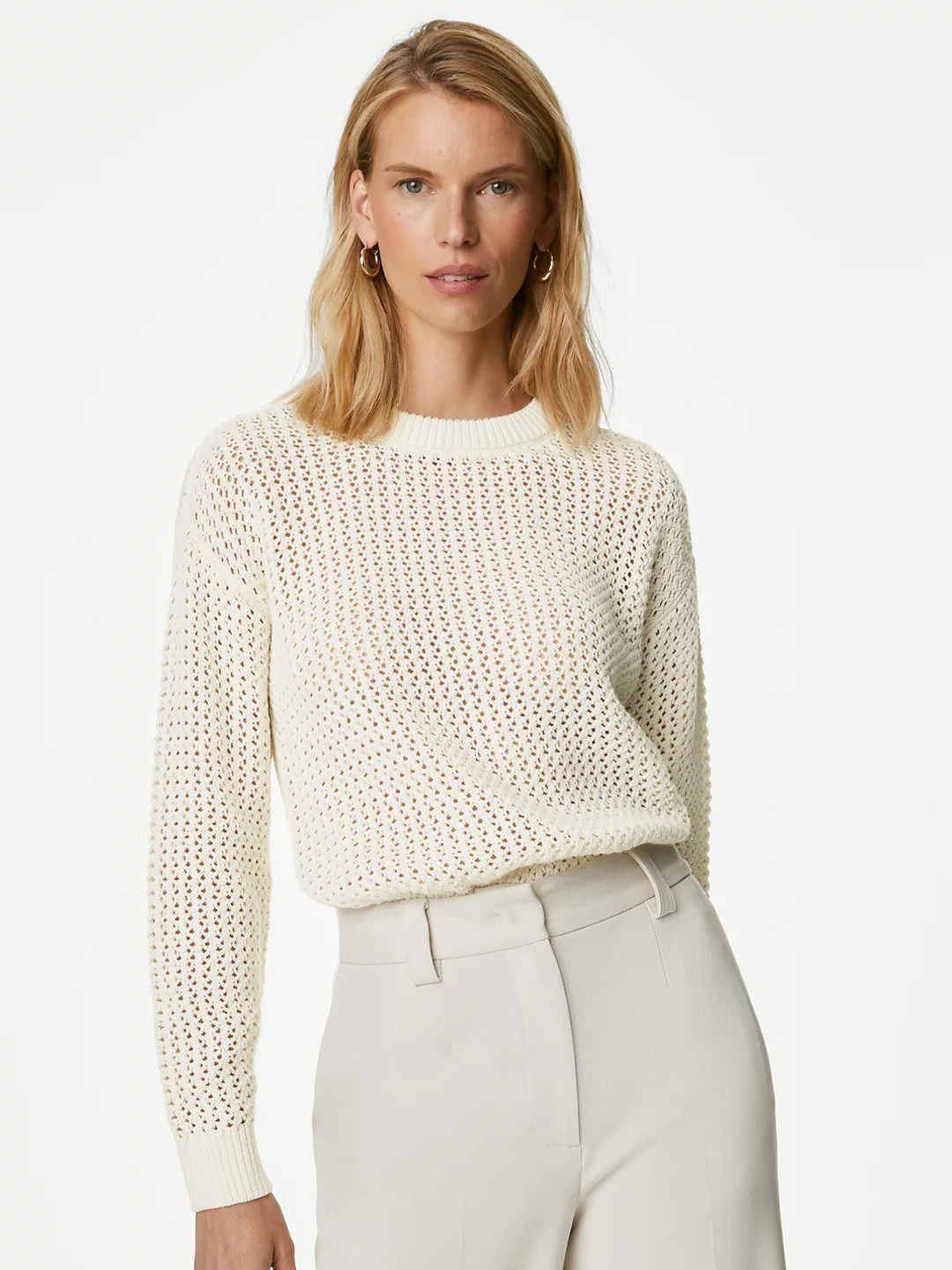 

Marks & Spencer Open Knit Self Design Pure Cotton Pullover, White