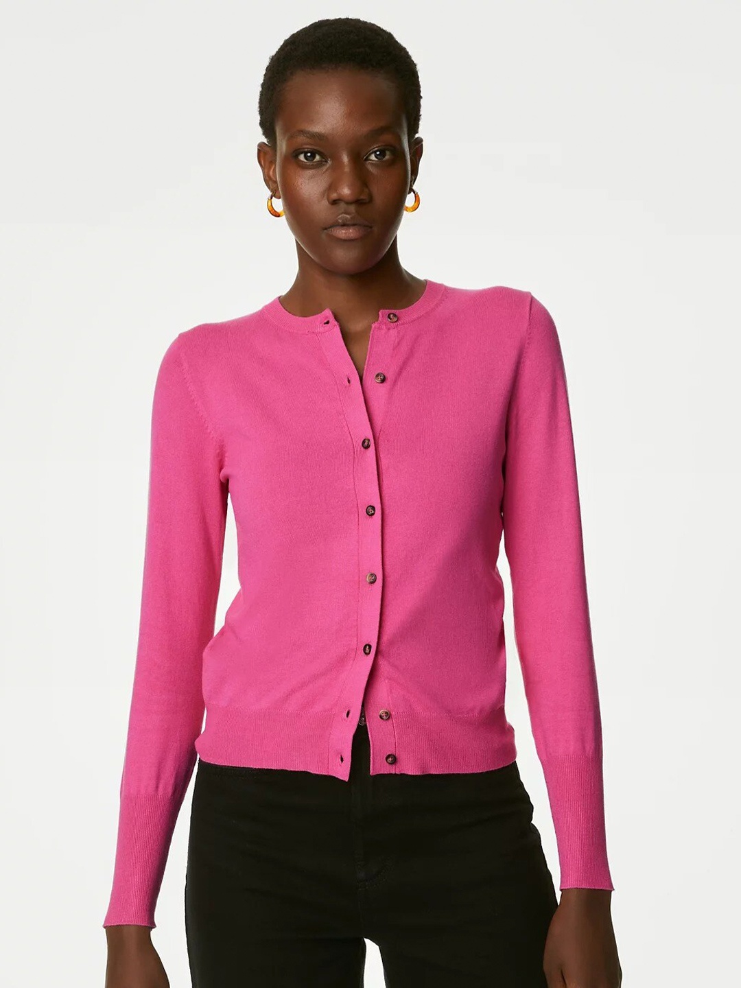 

Marks & Spencer Round Neck Long Sleeve Button Detail Cardigan Sweaters, Pink