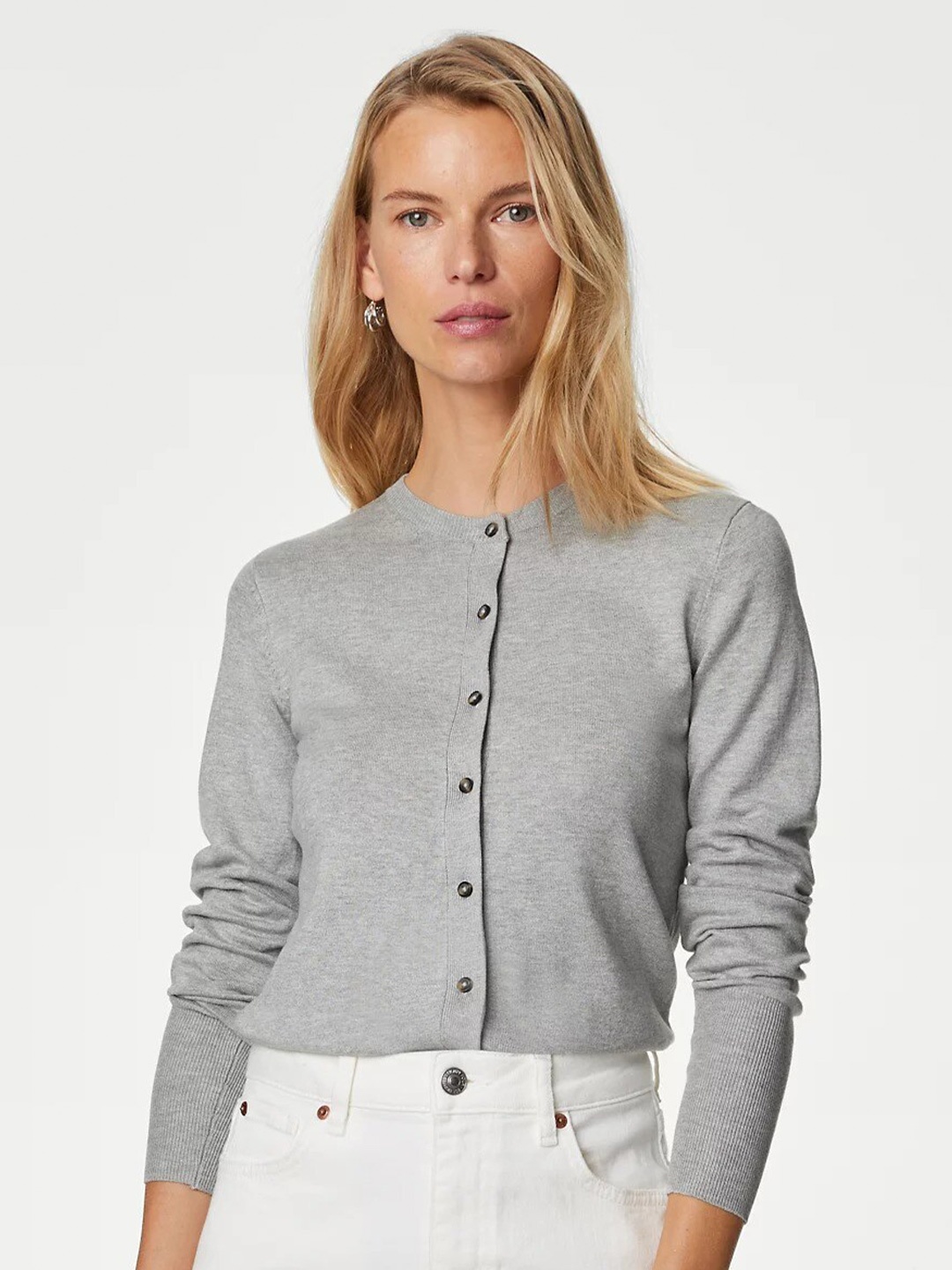 

Marks & Spencer Round Neck Front Open Cardigan, Grey