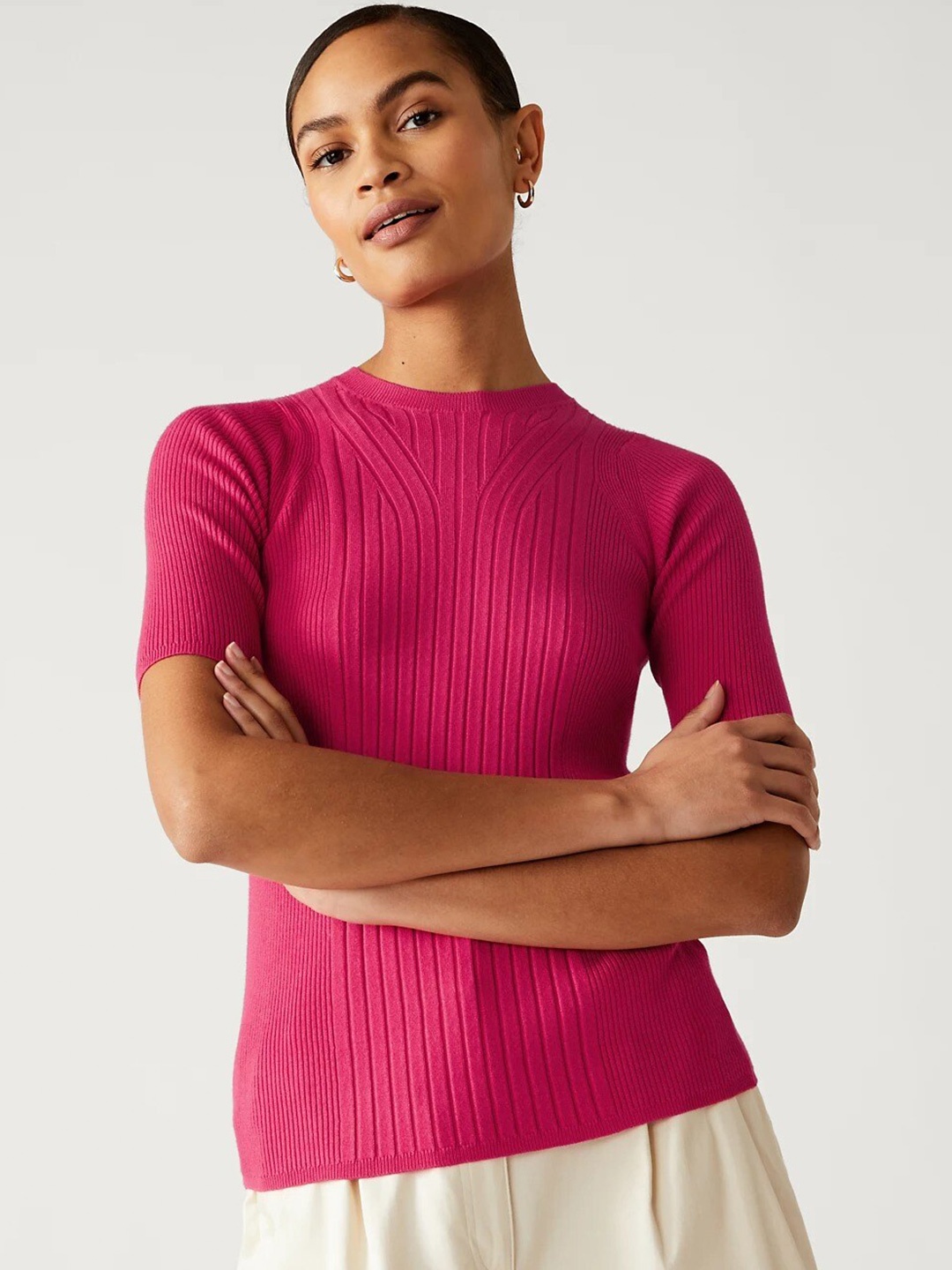 

Marks & Spencer Cable Knit Design Short Sleeves Pullover, Pink