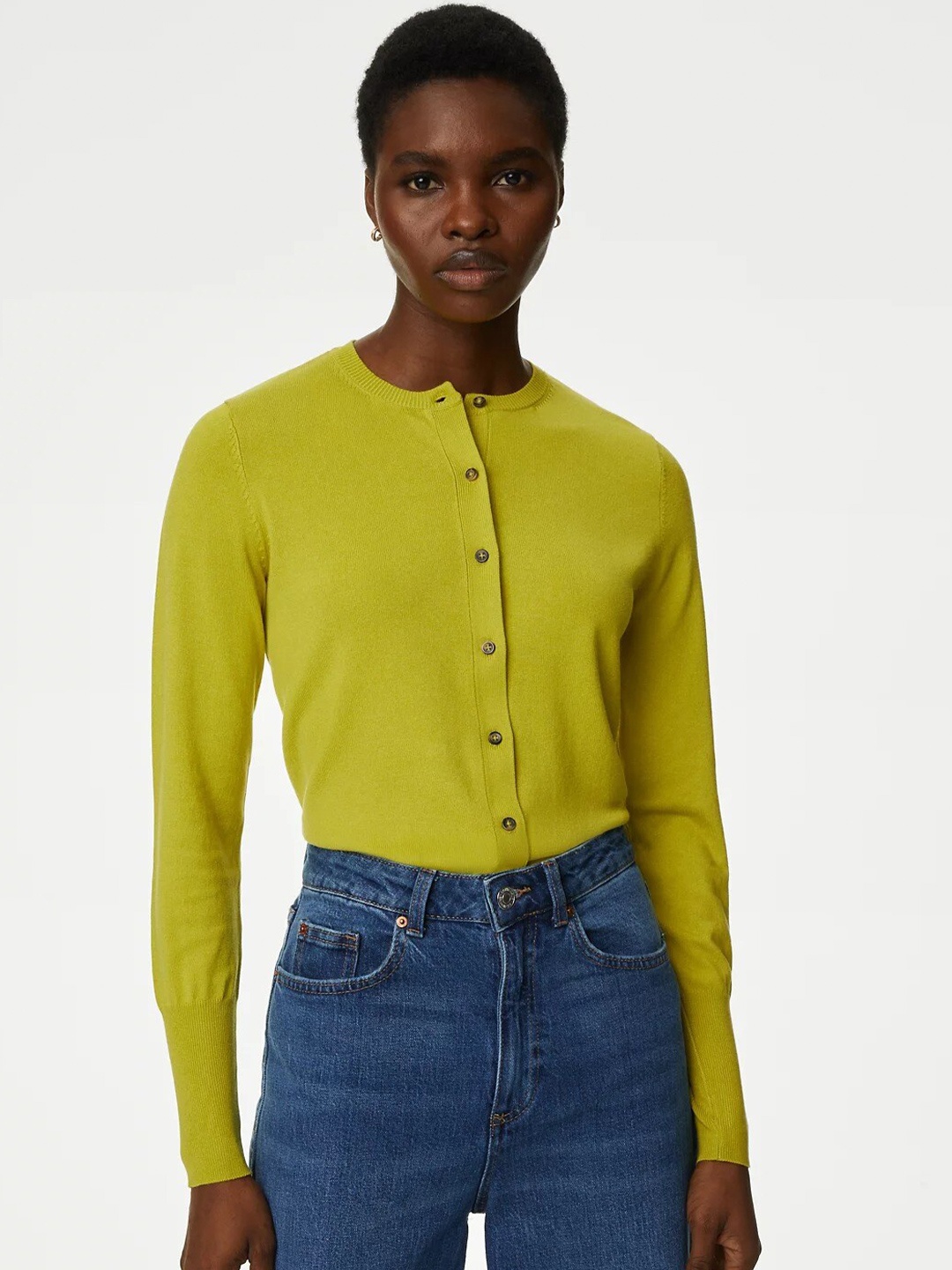 

Marks & Spencer Round Neck Long Sleeve Button Detail Cardigan Sweaters, Lime green