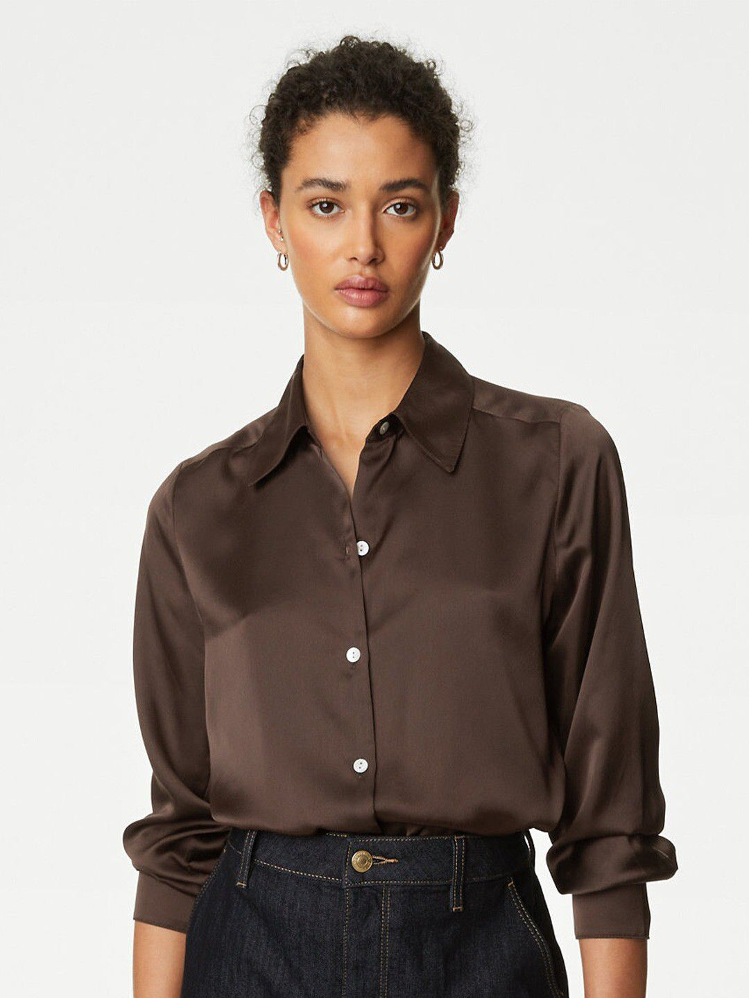 

Marks & Spencer Regular Fit Satin Casual Shirt, Brown