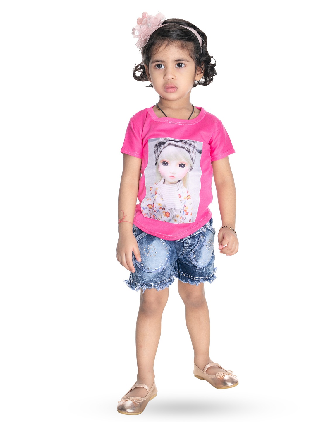 

BAESD Girls Printed Round Neck Top With Denim Shorts, Pink