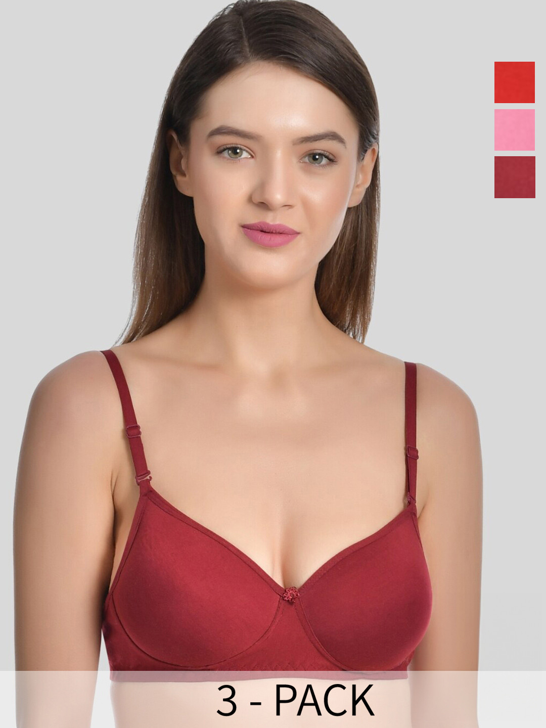 

Aimly Pack of 3 Full Coverage Heavily Padded Cotton T-shirt Bra with All Day Comfort, Red