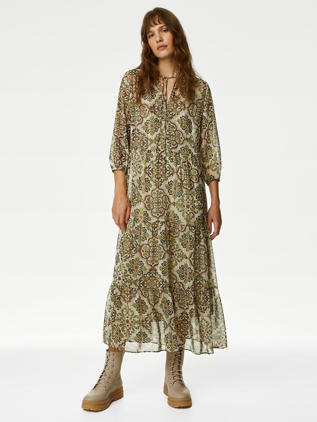 

Marks & Spencer Ethnic Motifs Printed Tie-Up Neck A-Line Maxi Dress, Green