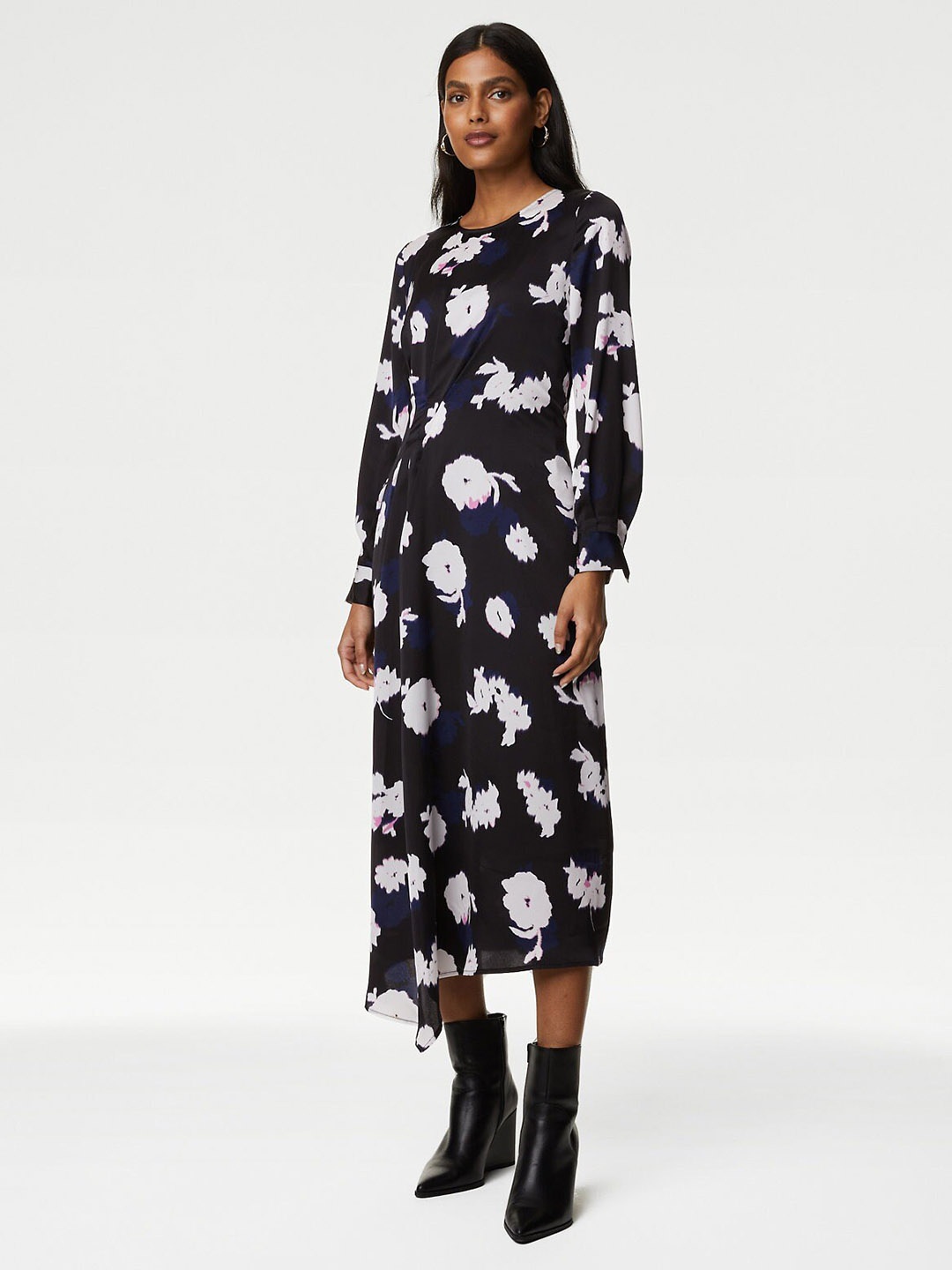 

Marks & Spencer Floral Printed Cuffed Sleeves Pleated A-Line Midi Dress, Black