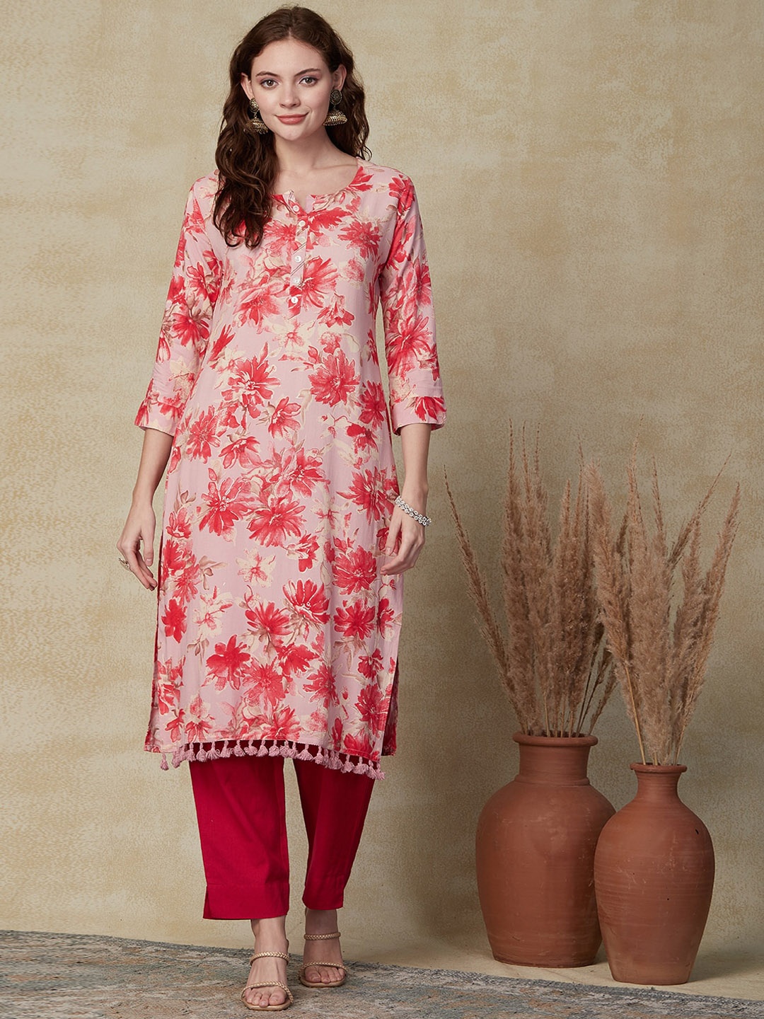 

FASHOR Floral Printed Straight Kurta, Pink