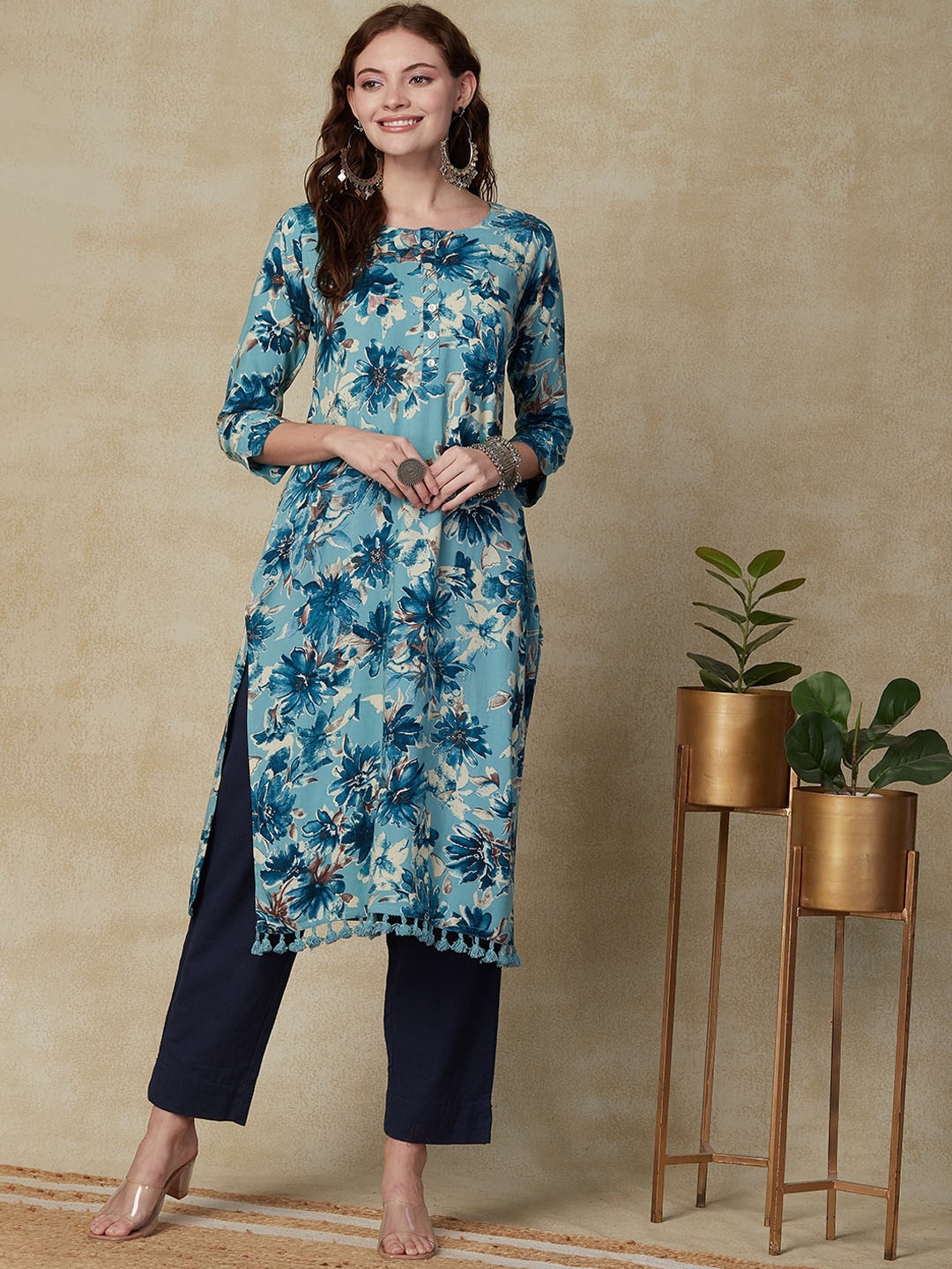 

FASHOR Floral Printed Straight Kurta, Blue