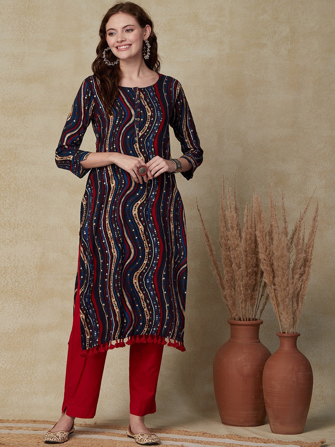 

FASHOR Geometric Printed Straight Kurta, Blue