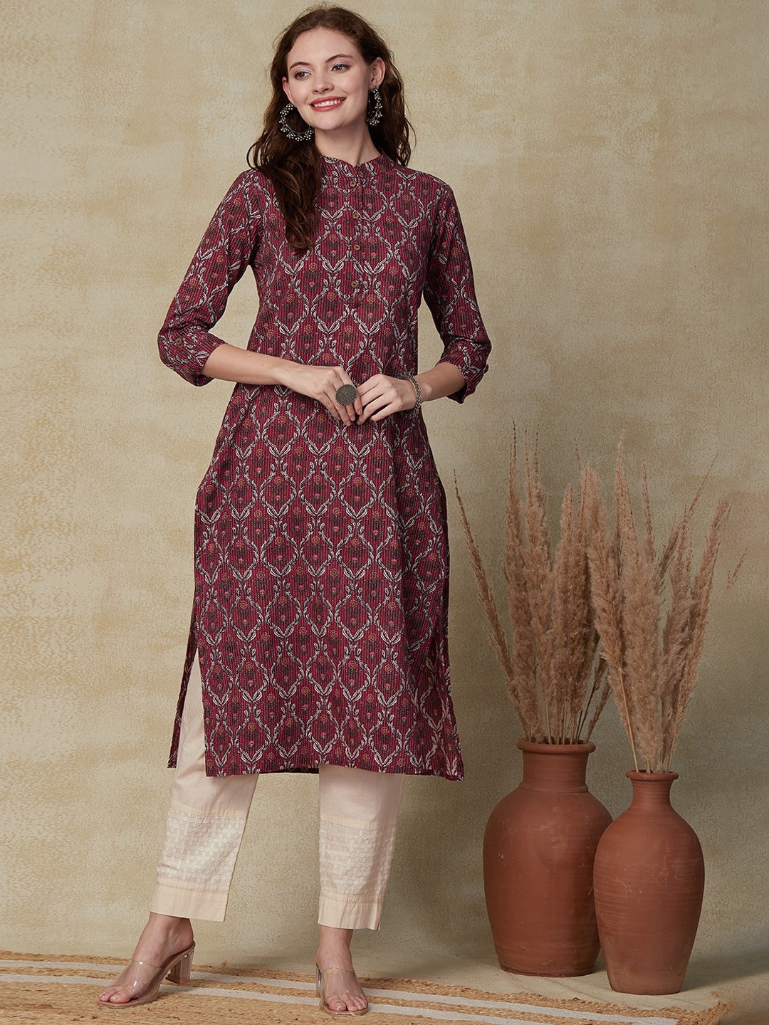 

FASHOR Floral Printed Mandarin Collar Cotton Straight Kurta, Burgundy