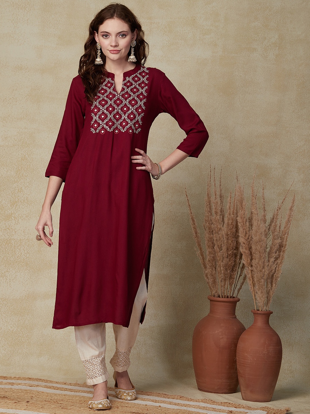 

FASHOR Yoke Design Mandarin Collar Kurta, Maroon