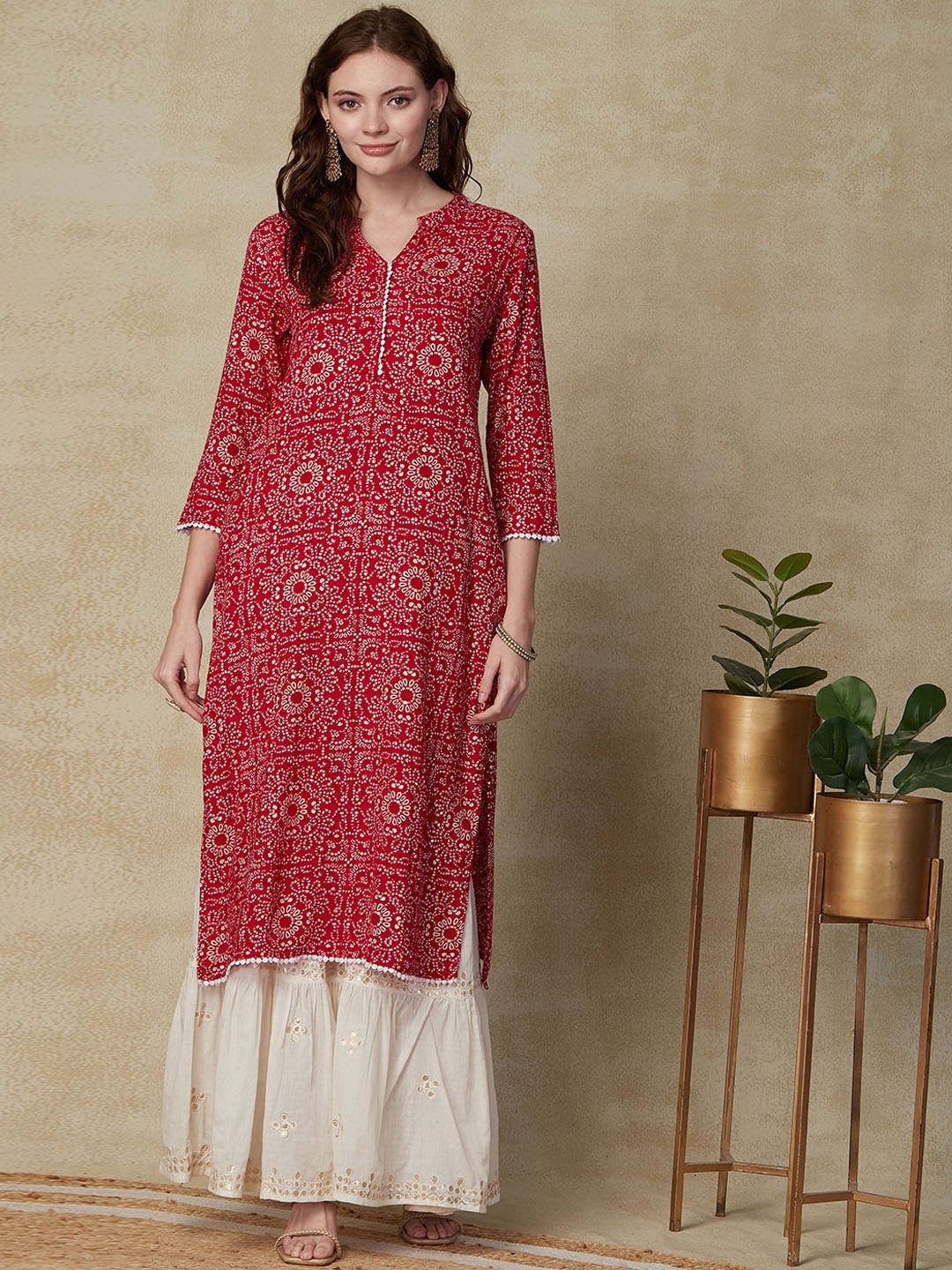 

FASHOR Ethnic Motifs Printed Mandarin Collar Straight Kurta, Red