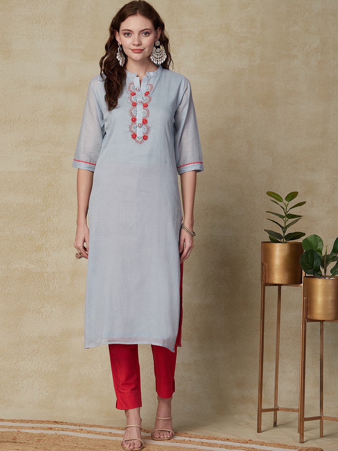 

FASHOR Ethnic Motifs Yoke Design Sequinned Pure Cotton Straight Kurta, Blue