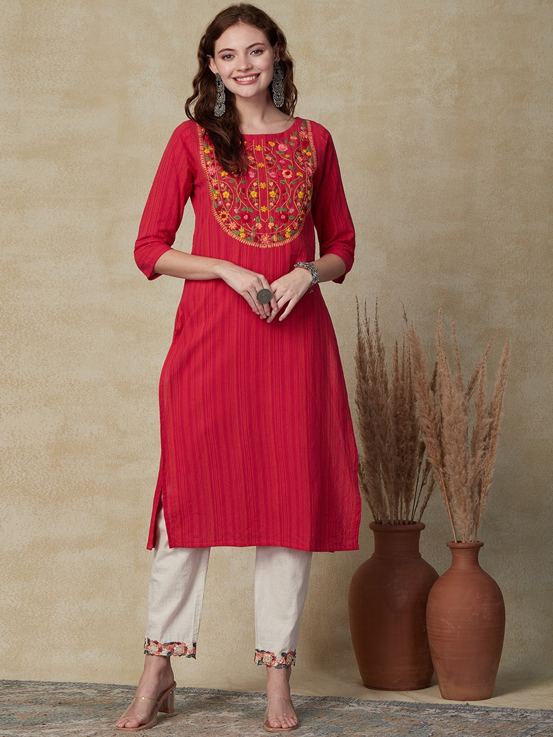

FASHOR Striped Thread Work Detail Cotton Straight Kurta, Pink