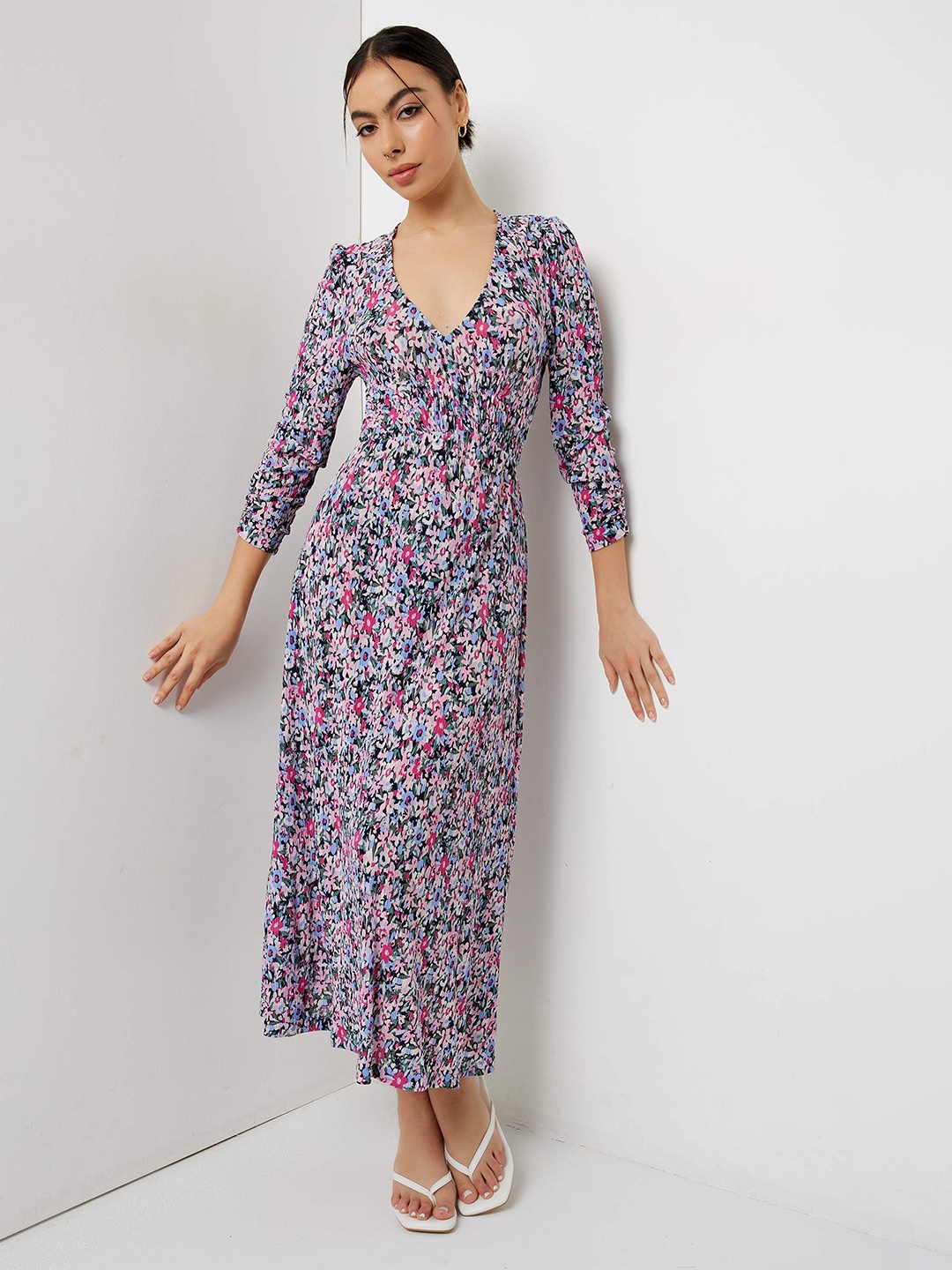 

Ardene Floral Printed V-Neck A Line Midi Dress, Blue