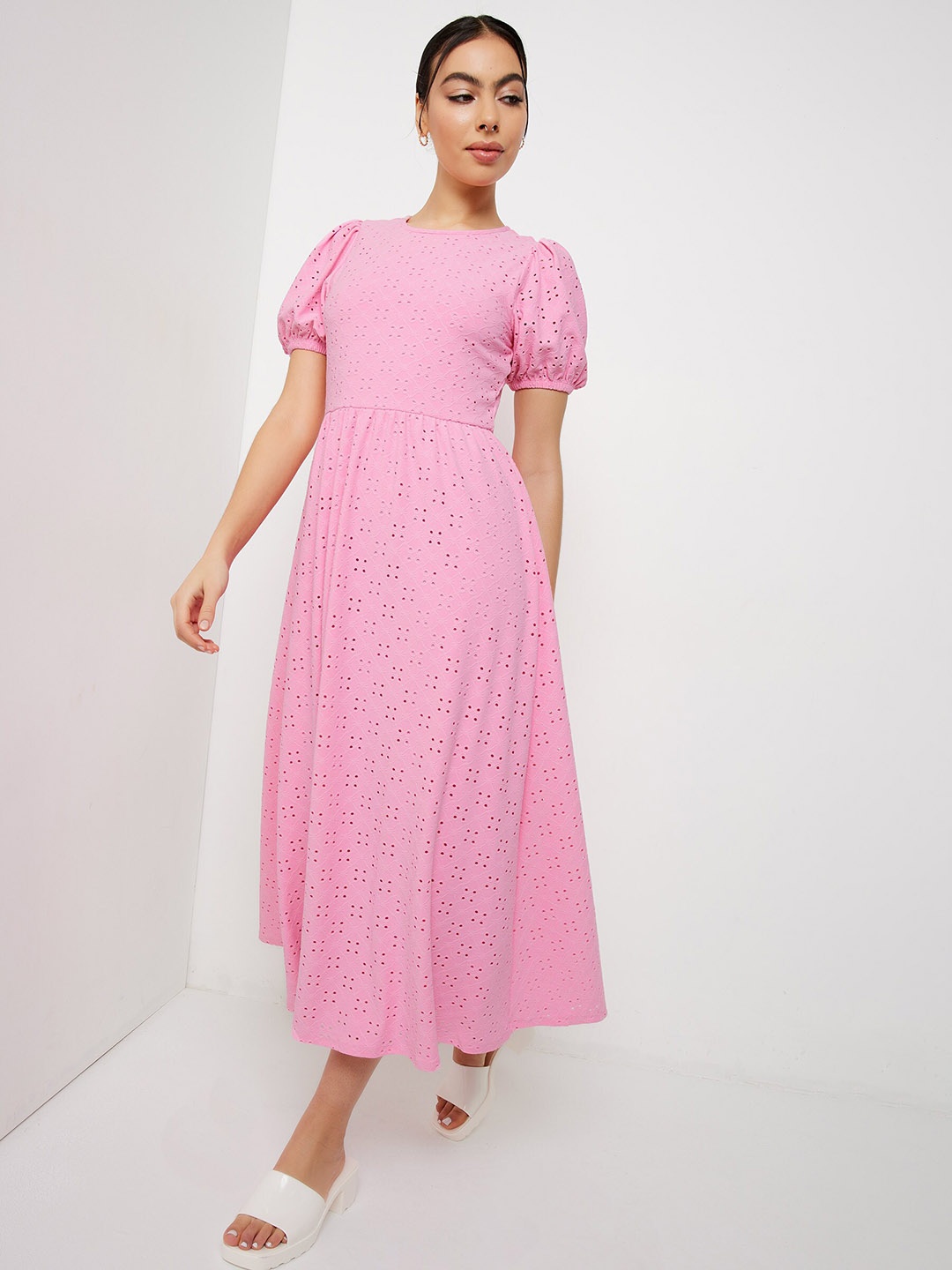 

Ardene Self Designed Puff Sleeves Fit & Flare Midi Dress, Pink