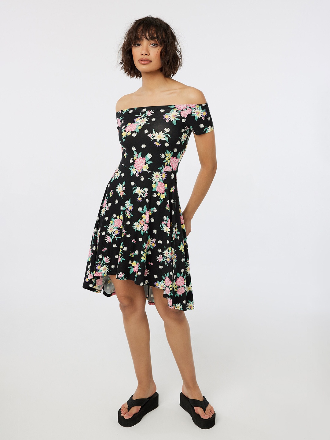 

Ardene Floral Printed Off Shoulder Fit and Flare Dress, Black